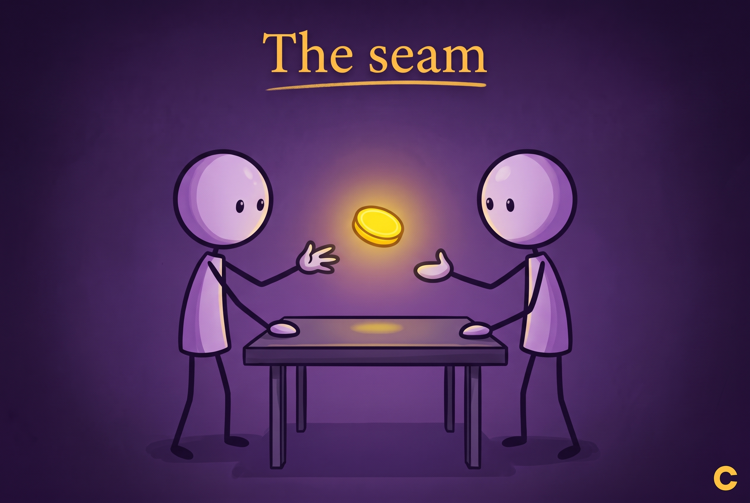 A hand-drawn style illustration titled &lsquo;The seam.&rsquo; Two lavender stick figures face each other across a dark table, a single glowing gold coin hovering in the gap between their open hands, held by neither.