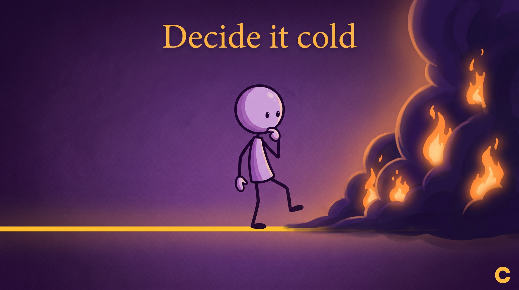 A hand-drawn style illustration titled &lsquo;Decide it cold.&rsquo; A lavender stick figure walks along a single glowing yellow line toward a wall of dark smoke and fire on the right, pausing at the edge of the heat.