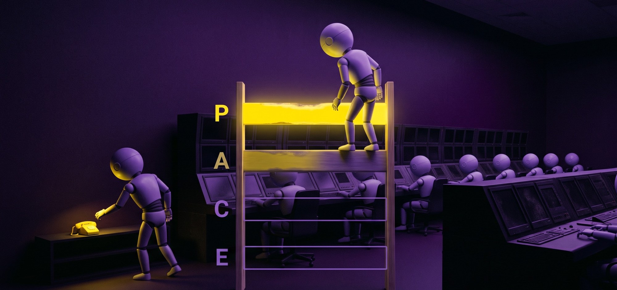A PACE ladder in a dim control room. The top rung, P, glows bright yellow with a figure standing on it. The next rung, A, is a dimmer yellow. The lower rungs, C and E, are drawn only as thin outlines, never used. In the background one lone figure has turned from a wall of dark, dead screens and reaches for a single glowing yellow telephone.