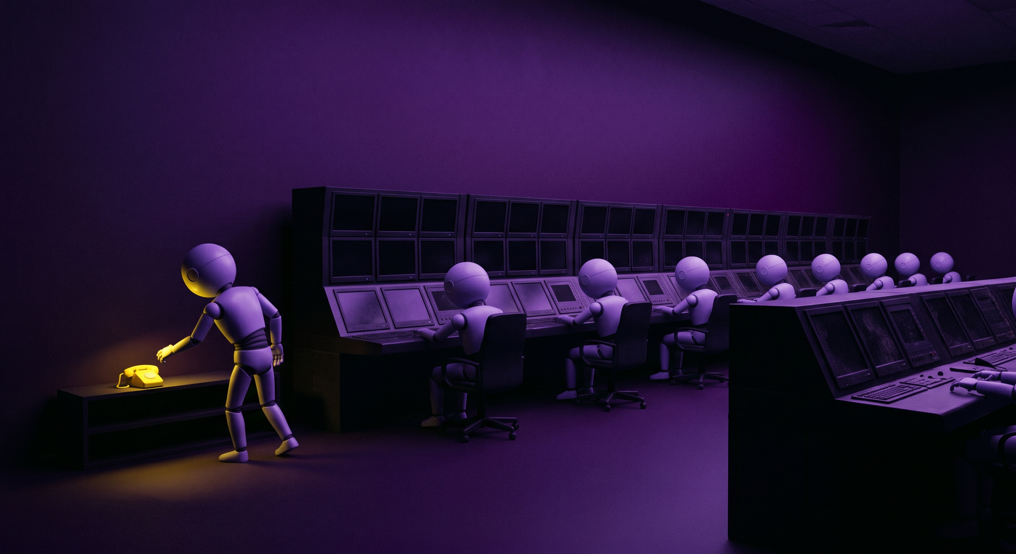 A hand-drawn style illustration titled &lsquo;The fallback.&rsquo; In a dim control room full of lavender figures at dark, dead screens, one lone figure has turned away and reaches for a single glowing yellow telephone, the only working way left.