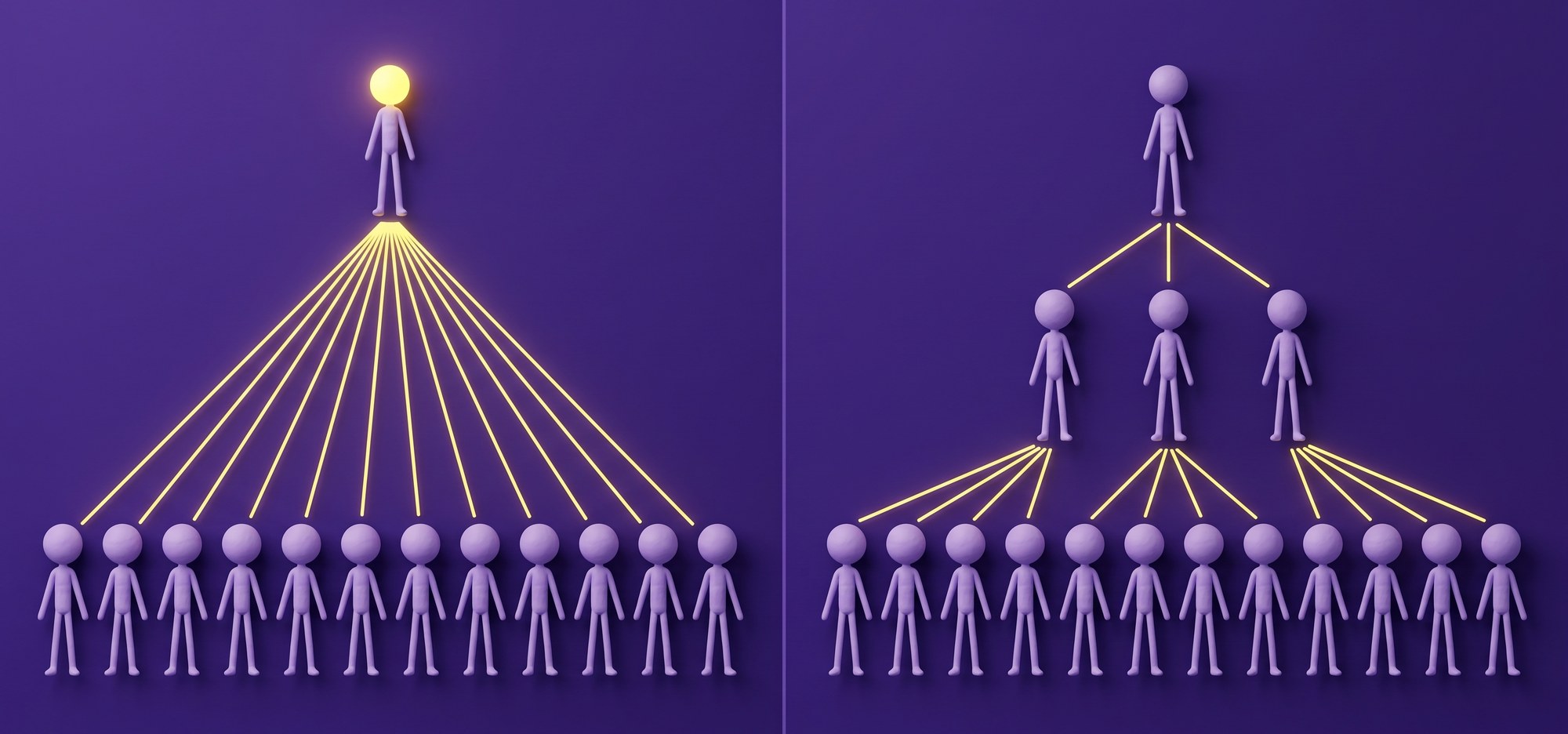 A two-panel diagram on a deep violet field. On the left, one lavender figure glows yellow with overload while a wide, flat fan of twelve thin yellow lines drops straight from it to twelve figures in a single row. On the right, the same twelve figures sit under a thin middle layer of three, so the top figure connects to only a few and none is overloaded.