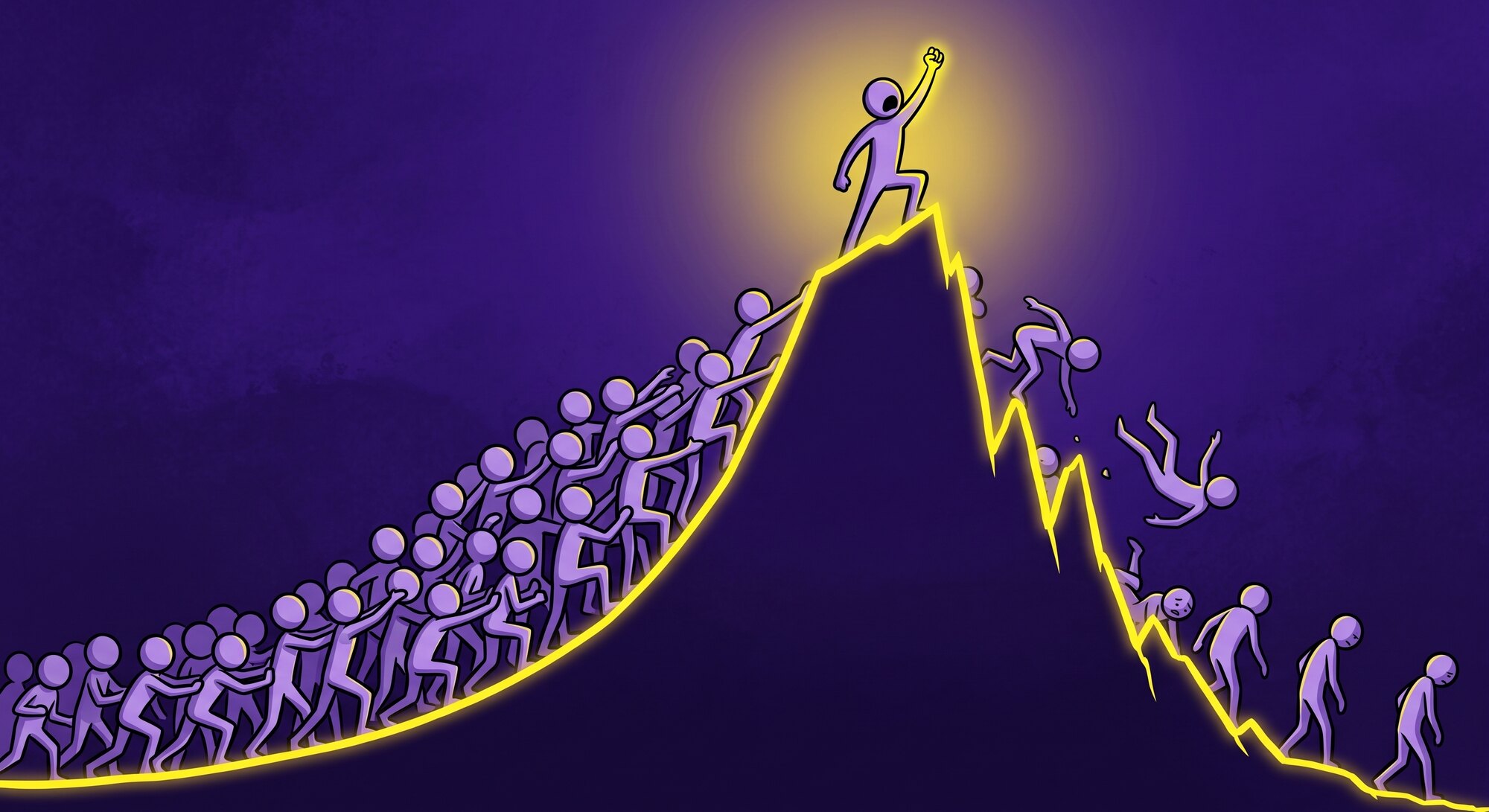 A hand-drawn style illustration titled &lsquo;The all-clear.&rsquo; On a deep violet field, a crowd of lavender figures climbs a glowing yellow curve toward a single figure standing at the peak with a raised fist, while on the far side the line drops away and the figures scatter, stumble, and fall down the unlit descent.